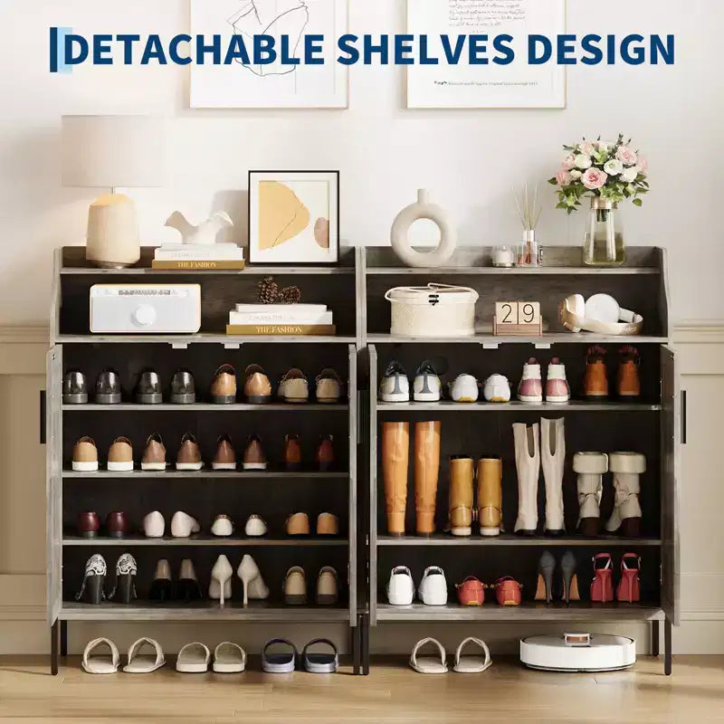 Meuble à chaussures pour entrée, armoire à chaussures 5 niveaux avec portes et 3 étagères réglables, étagère à chaussures haute de 104 cm en bois pour entrée, couloir