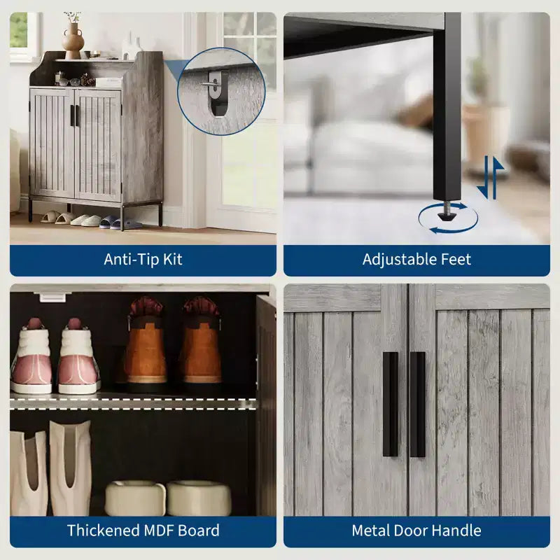 Meuble à chaussures pour entrée, armoire à chaussures 5 niveaux avec portes et 3 étagères réglables, étagère à chaussures haute de 104 cm en bois pour entrée, couloir