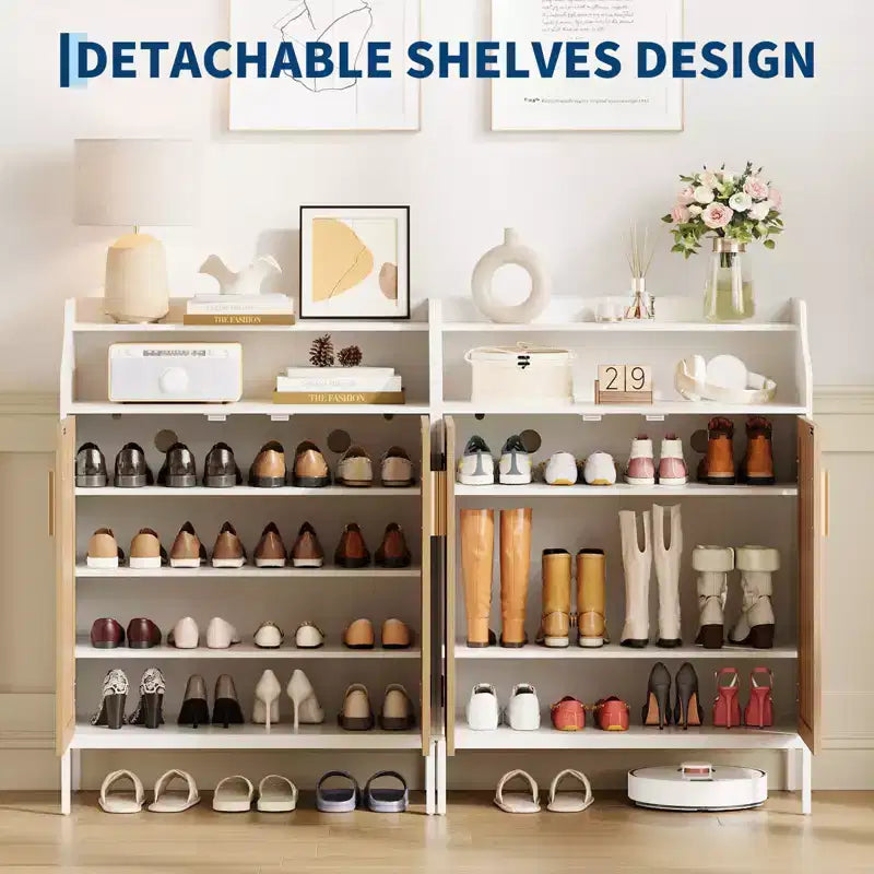 Meuble à chaussures pour entrée, armoire à chaussures 5 niveaux avec portes et 3 étagères réglables, étagère à chaussures haute de 104 cm en bois pour entrée, couloir