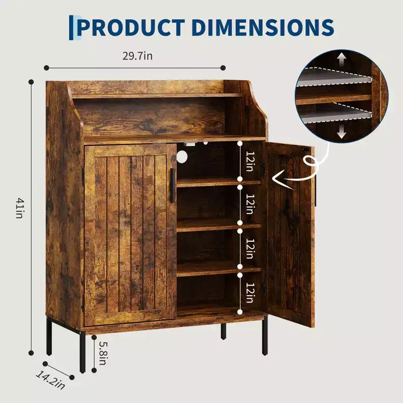 Meuble à chaussures pour entrée, armoire à chaussures 5 niveaux avec portes et 3 étagères réglables, étagère à chaussures haute de 104 cm en bois pour entrée, couloir