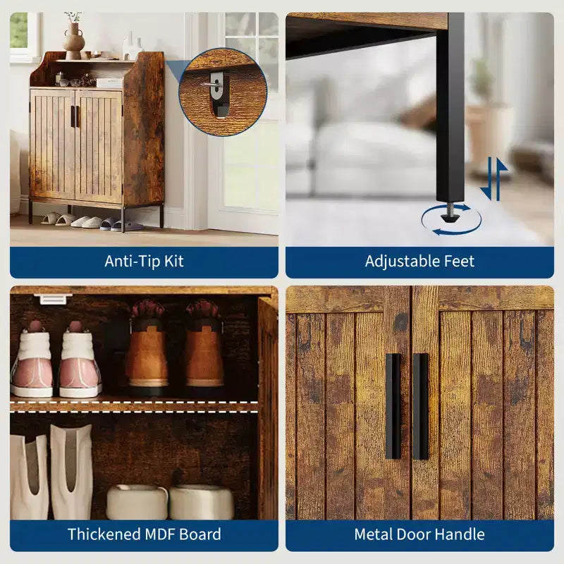 Meuble à chaussures pour entrée, armoire à chaussures 5 niveaux avec portes et 3 étagères réglables, étagère à chaussures haute de 104 cm en bois pour entrée, couloir