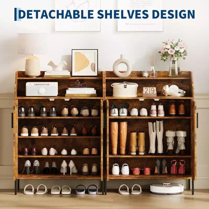Meuble à chaussures pour entrée, armoire à chaussures 5 niveaux avec portes et 3 étagères réglables, étagère à chaussures haute de 104 cm en bois pour entrée, couloir