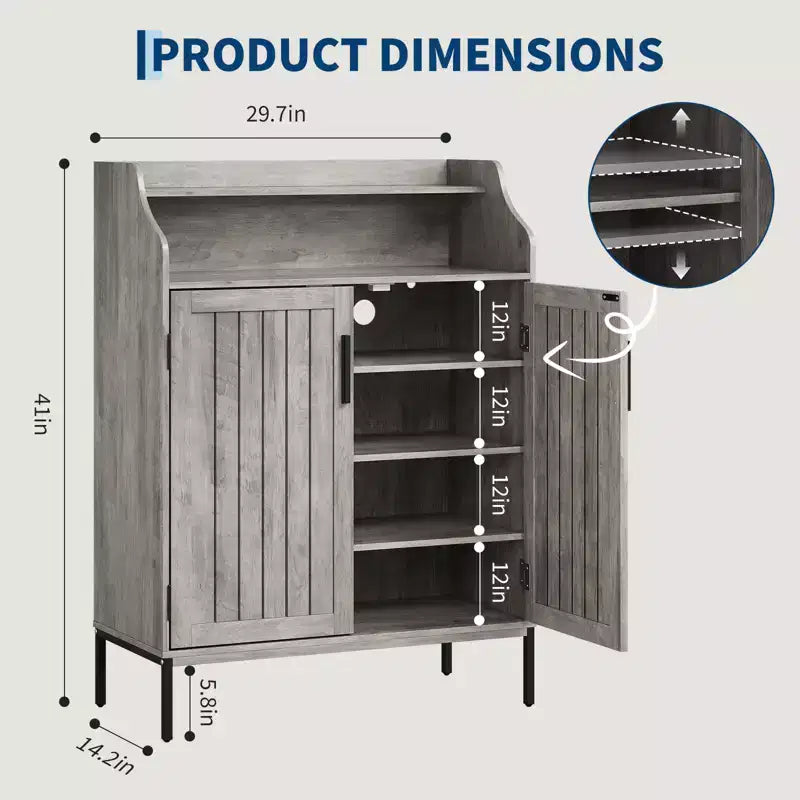Meuble à chaussures pour entrée, armoire à chaussures 5 niveaux avec portes et 3 étagères réglables, étagère à chaussures haute de 104 cm en bois pour entrée, couloir