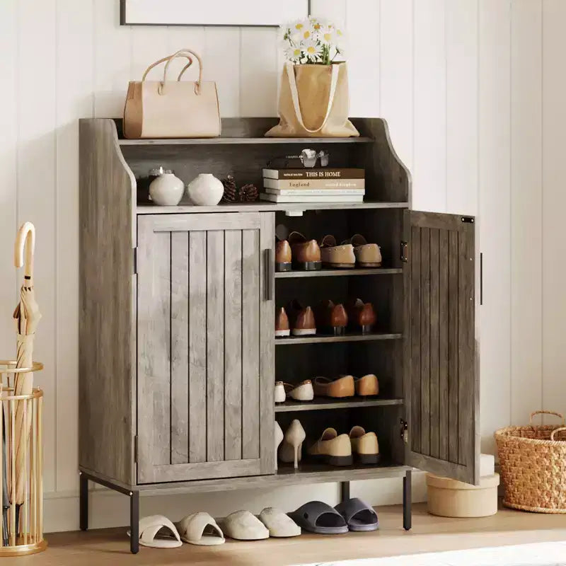 Meuble à chaussures pour entrée, armoire à chaussures 5 niveaux avec portes et 3 étagères réglables, étagère à chaussures haute de 104 cm en bois pour entrée, couloir