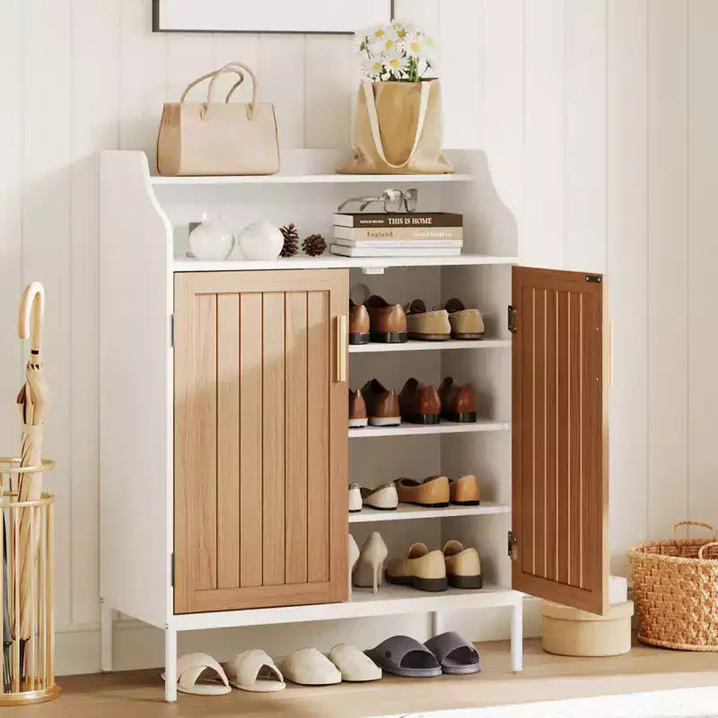 Meuble à chaussures pour entrée, armoire à chaussures 5 niveaux avec portes et 3 étagères réglables, étagère à chaussures haute de 104 cm en bois pour entrée, couloir