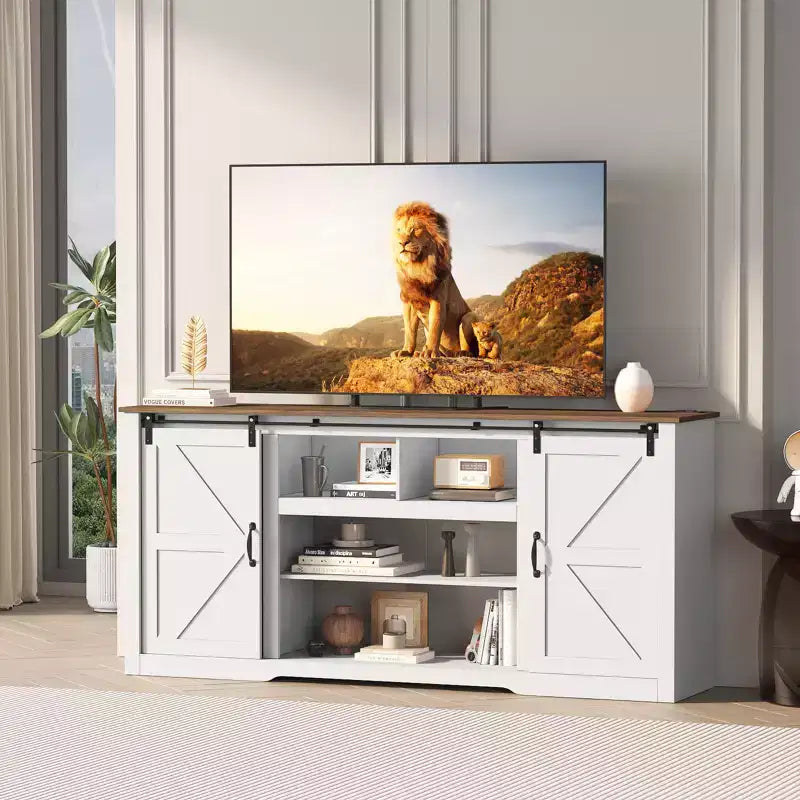 Farmhouse TV Stand for 80 Inch TV  70-Inch Entertainment Center with Sliding Barn Doors, Adjustable Storage Shelves, Media Console for Living Room