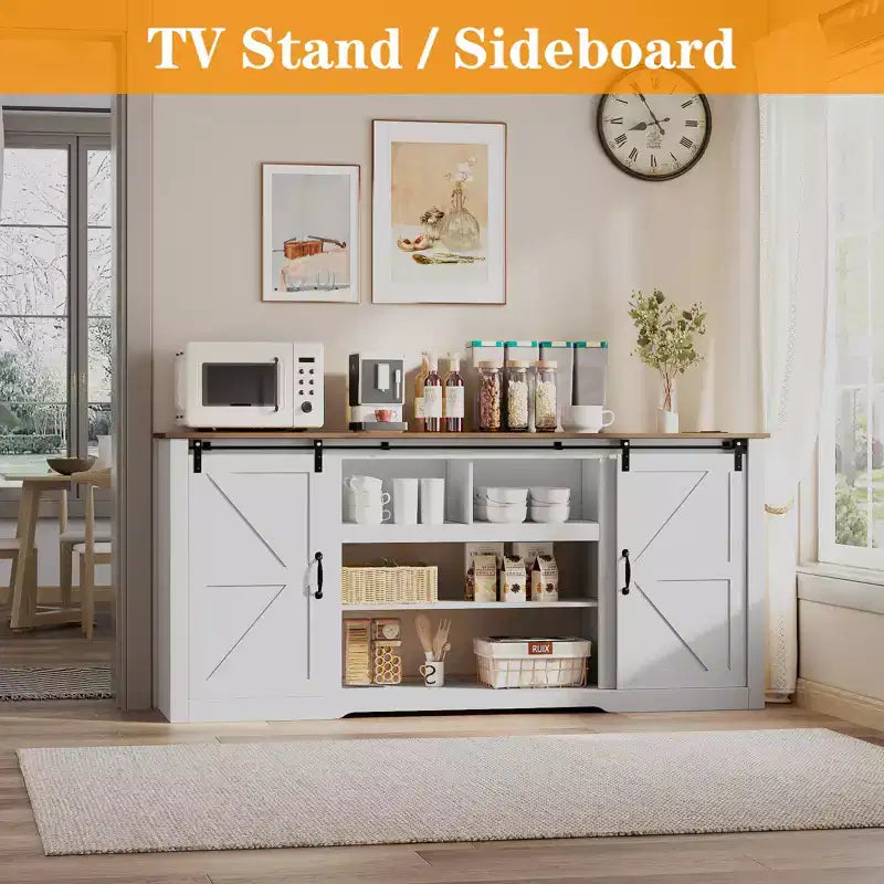 Meuble TV de style rustique pour téléviseur de 80 pouces, meuble de divertissement de 70 pouces avec portes coulissantes de grange, étagères de rangement réglables, console multimédia pour salon