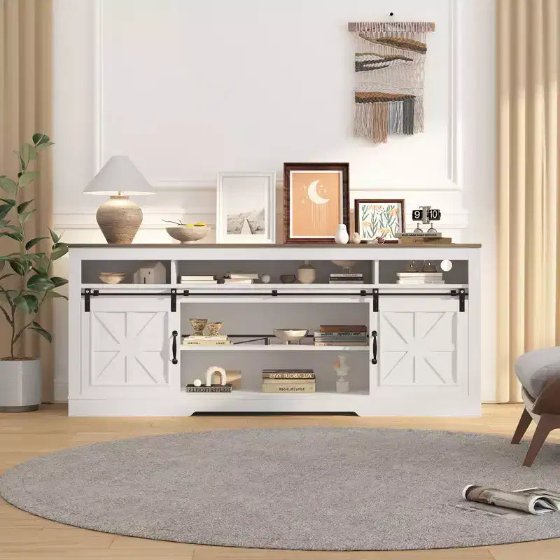 Meuble TV de style rustique pour téléviseur de 80 pouces, meuble de divertissement de 70 pouces avec portes coulissantes de grange, étagères de rangement réglables, console multimédia pour salon