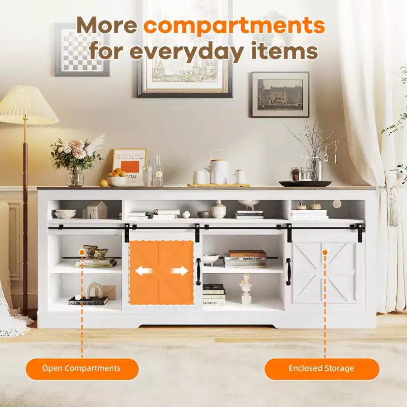 Meuble TV de style rustique pour téléviseur de 80 pouces, meuble de divertissement de 70 pouces avec portes coulissantes de grange, étagères de rangement réglables, console multimédia pour salon