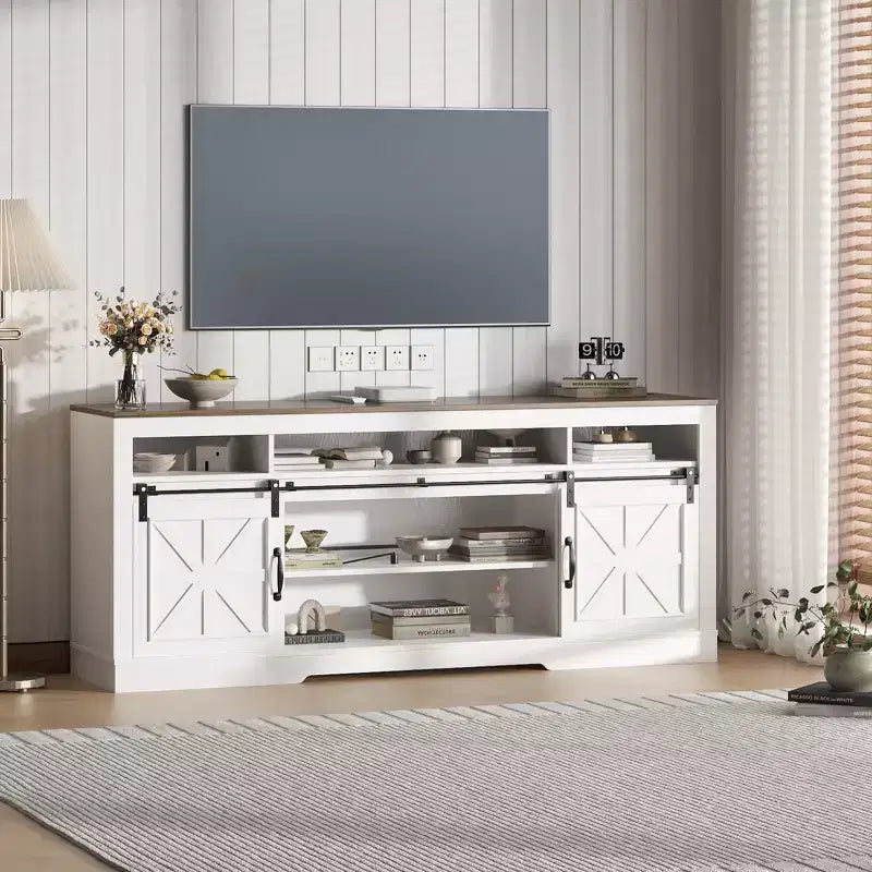 Meuble TV de style rustique pour téléviseur de 80 pouces, meuble de divertissement de 70 pouces avec portes coulissantes de grange, étagères de rangement réglables, console multimédia pour salon