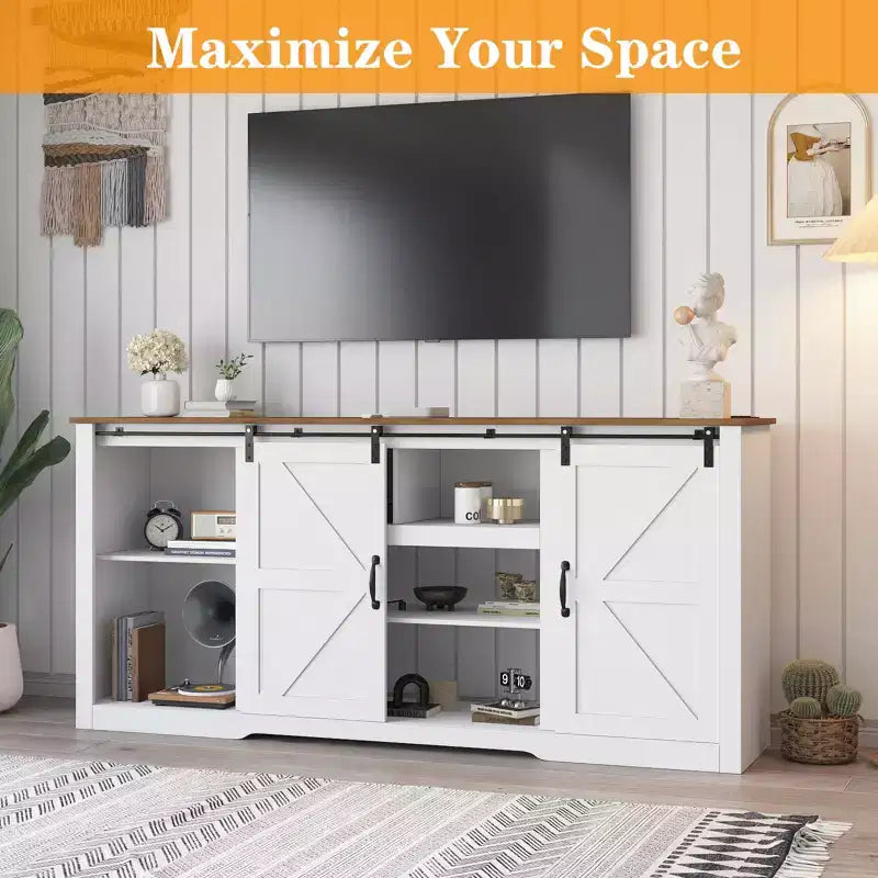 Meuble TV de style rustique pour téléviseur de 80 pouces, meuble de divertissement de 70 pouces avec portes coulissantes de grange, étagères de rangement réglables, console multimédia pour salon