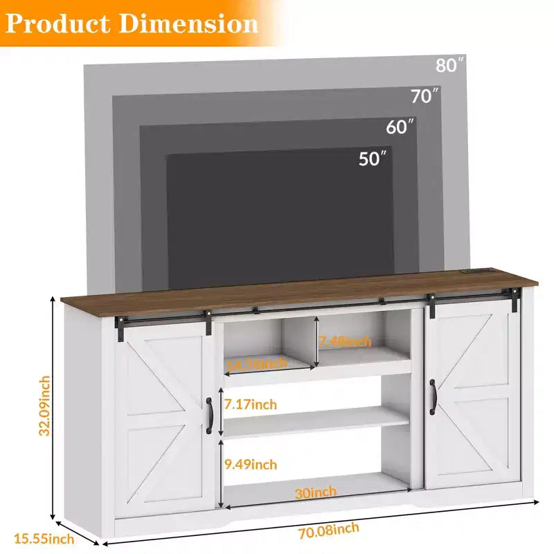 Meuble TV de style rustique pour téléviseur de 80 pouces, meuble de divertissement de 70 pouces avec portes coulissantes de grange, étagères de rangement réglables, console multimédia pour salon