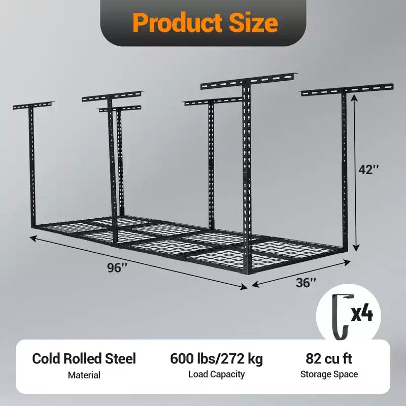 Kit de rangement de garage suspendu robuste, organisateur de plafond en métal réglable pour les voyages, optimise l'espace, capacité de 272 kg, 0,9x2,4m