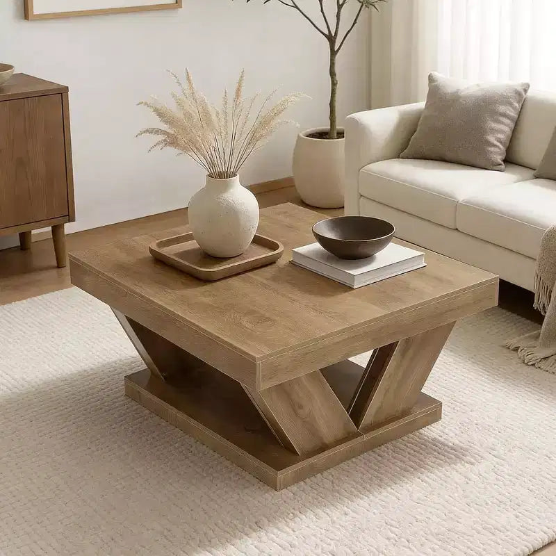 Table Basse de Ferme Lantine avec Grande Étagère de Rangement, Table Centrale Moderne en Bois Rustique à 2 Niveaux pour Salon et Bureau, Marron Rustique