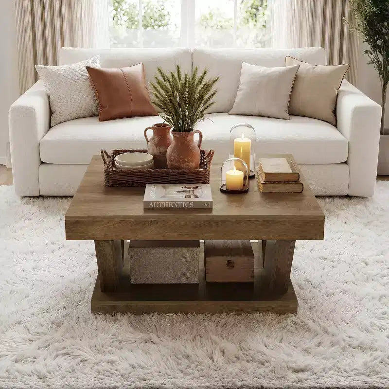 Table Basse de Ferme Lantine avec Grande Étagère de Rangement, Table Centrale Moderne en Bois Rustique à 2 Niveaux pour Salon et Bureau, Marron Rustique