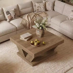 Table Basse de Ferme Lantine avec Grande Étagère de Rangement, Table Centrale Moderne en Bois Rustique à 2 Niveaux pour Salon et Bureau, Marron Rustique