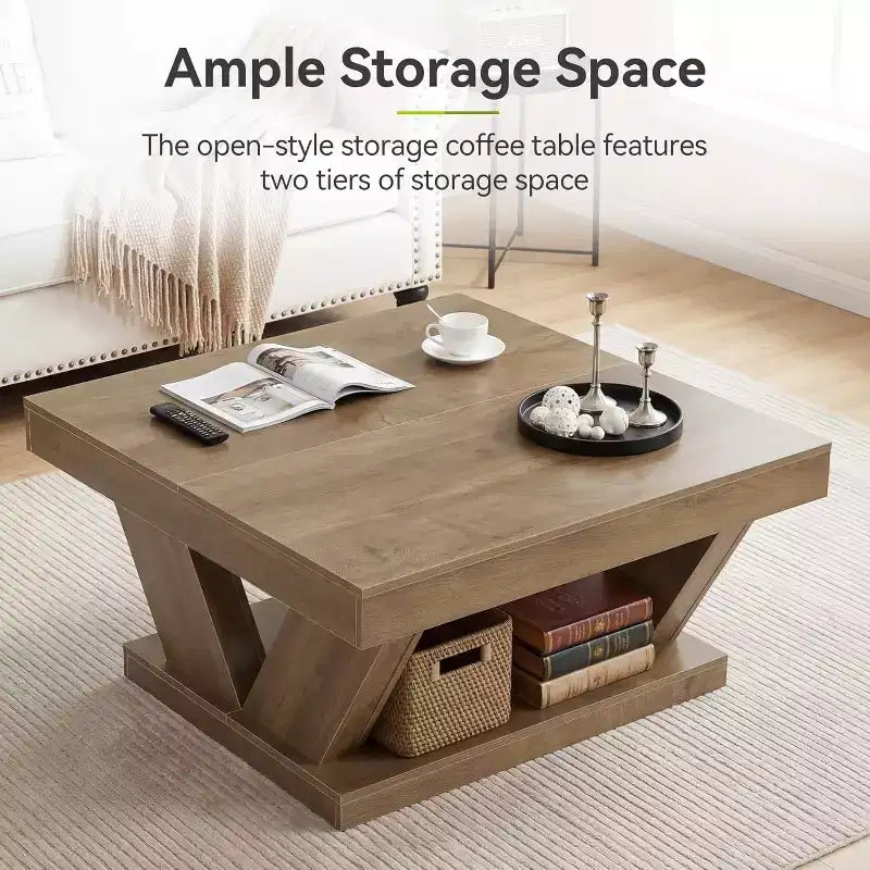 Table Basse de Ferme Lantine avec Grande Étagère de Rangement, Table Centrale Moderne en Bois Rustique à 2 Niveaux pour Salon et Bureau, Marron Rustique