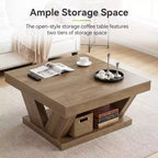 Table Basse de Ferme Lantine avec Grande Étagère de Rangement, Table Centrale Moderne en Bois Rustique à 2 Niveaux pour Salon et Bureau, Marron Rustique