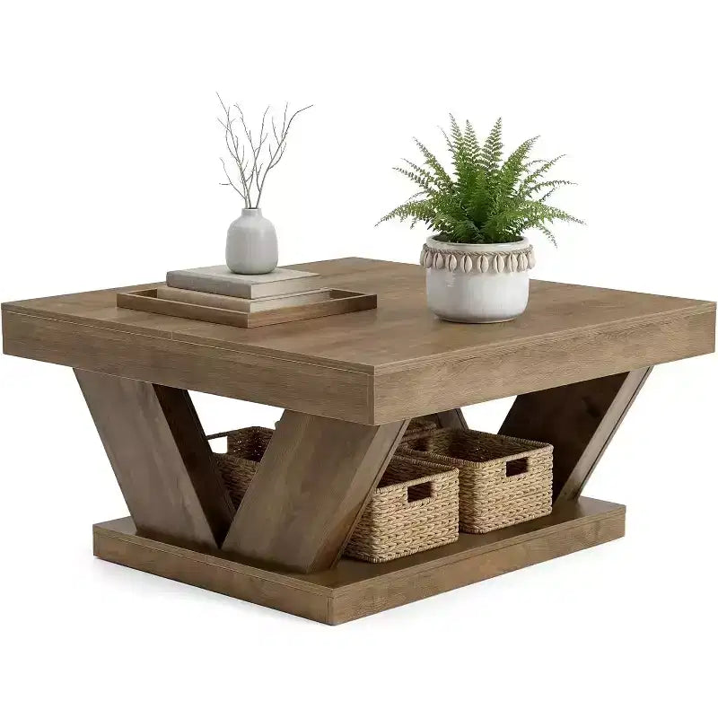 Table Basse de Ferme Lantine avec Grande Étagère de Rangement, Table Centrale Moderne en Bois Rustique à 2 Niveaux pour Salon et Bureau, Marron Rustique