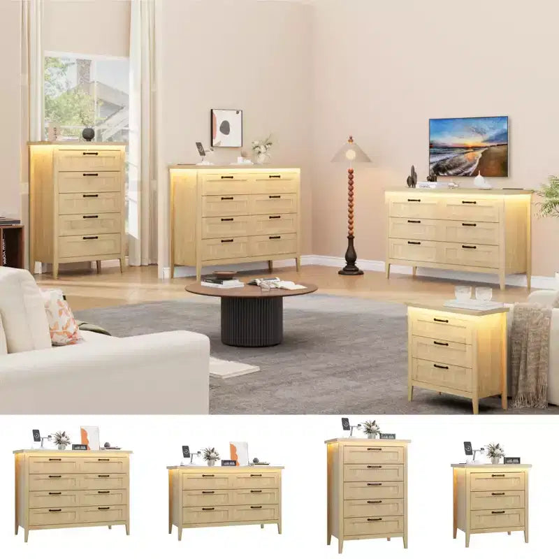 Commode moderne à 3/5/6/8 tiroirs avec lumière LED, petite table de chevet en bois et commode, meuble de rangement pour chambre, placard et salon