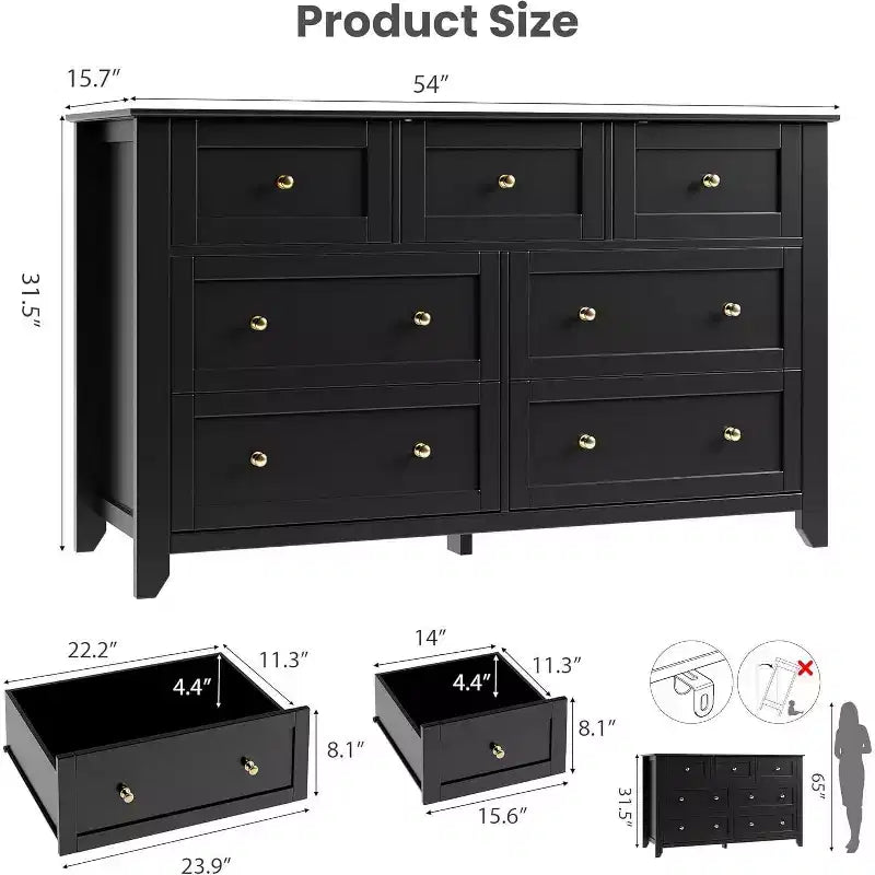 Commode moderne GustoWave, 7 tiroirs, 137 cm de large, pour chambre, entrée, couloir, noire