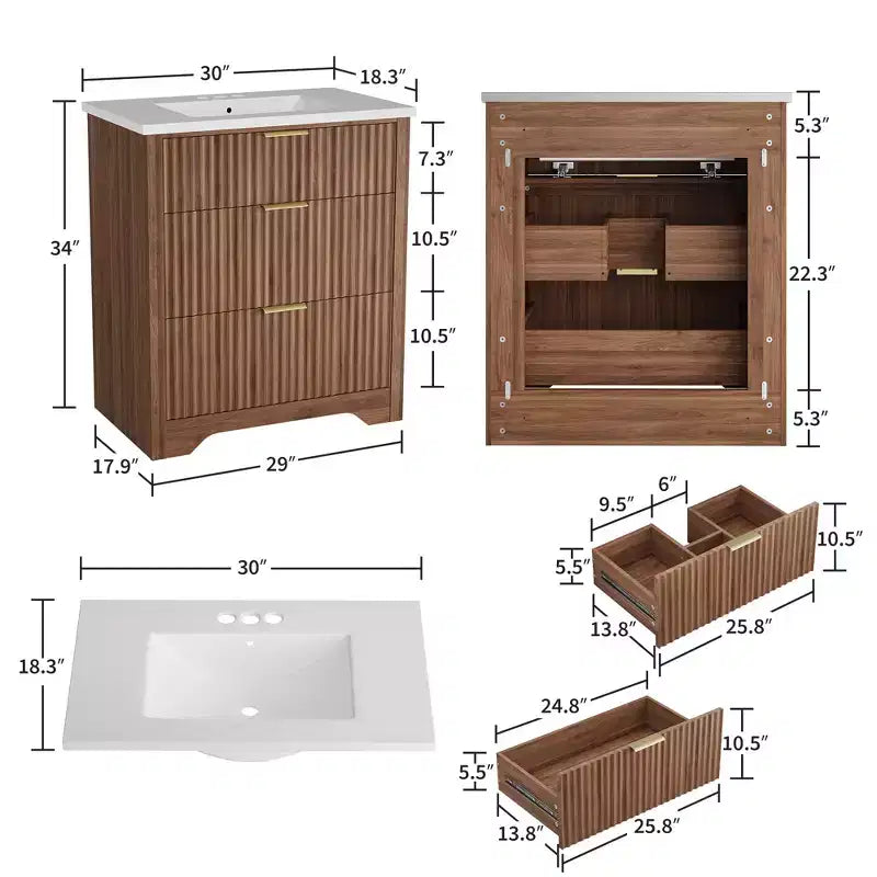 Meuble-lavabo de salle de bain moderne cannelé avec lavabo en céramique intégré, armoire de rangement autoportante avec 3 tiroirs pour salle de bain contemporaine.