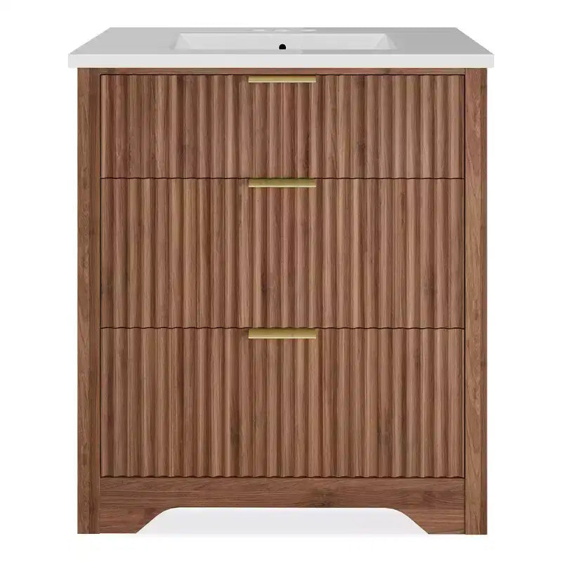 Meuble-lavabo de salle de bain moderne cannelé avec lavabo en céramique intégré, armoire de rangement autoportante avec 3 tiroirs pour salle de bain contemporaine.