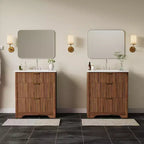 Meuble-lavabo de salle de bain moderne cannelé avec lavabo en céramique intégré, armoire de rangement autoportante avec 3 tiroirs pour salle de bain contemporaine.