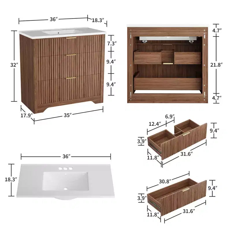 Meuble-lavabo de salle de bain moderne cannelé avec lavabo en céramique intégré, armoire de rangement autoportante avec 3 tiroirs pour salle de bain contemporaine.