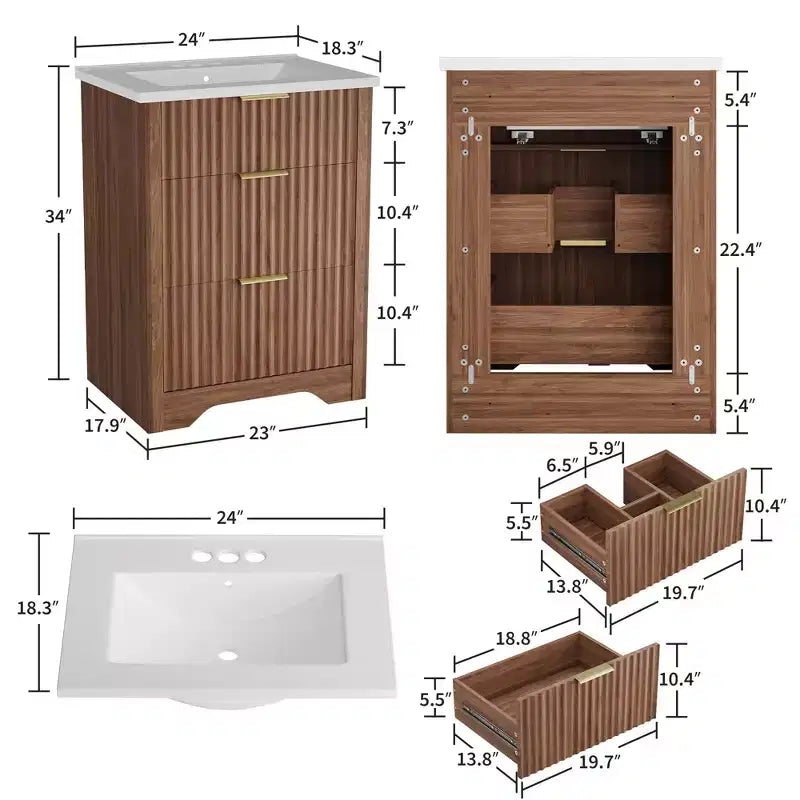 Meuble-lavabo de salle de bain moderne cannelé avec lavabo en céramique intégré, armoire de rangement autoportante avec 3 tiroirs pour salle de bain contemporaine.