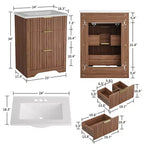 Meuble-lavabo de salle de bain moderne cannelé avec lavabo en céramique intégré, armoire de rangement autoportante avec 3 tiroirs pour salle de bain contemporaine.