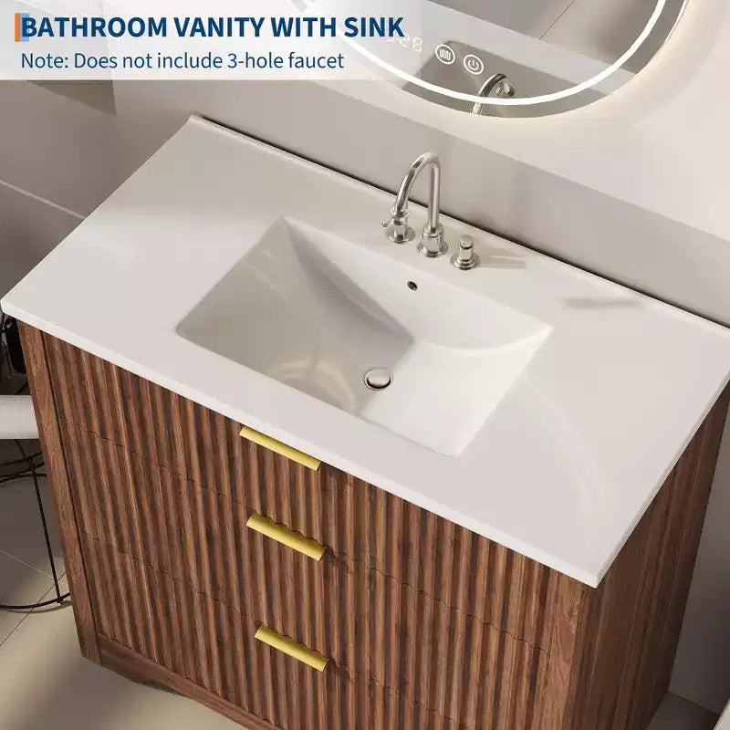 Meuble-lavabo de salle de bain moderne cannelé avec lavabo en céramique intégré, armoire de rangement autoportante avec 3 tiroirs pour salle de bain contemporaine.