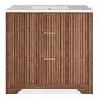 Meuble-lavabo de salle de bain moderne cannelé avec lavabo en céramique intégré, armoire de rangement autoportante avec 3 tiroirs pour salle de bain contemporaine.