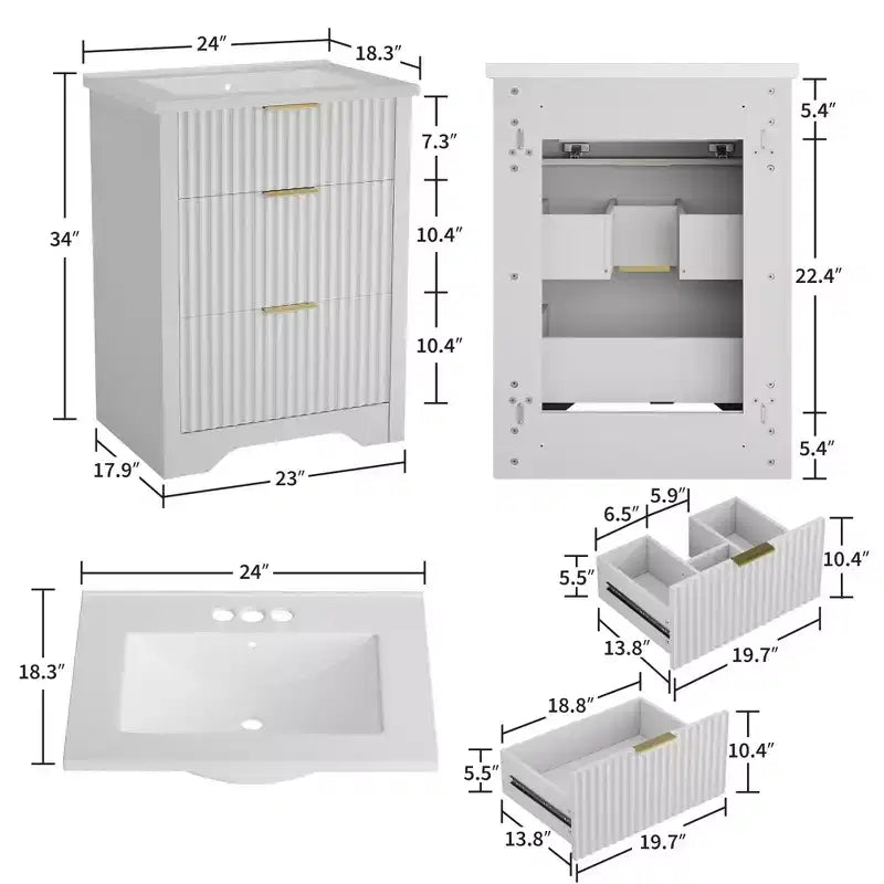 Meuble-lavabo de salle de bain moderne cannelé avec lavabo en céramique intégré, armoire de rangement autoportante avec 3 tiroirs pour salle de bain contemporaine.