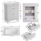 Meuble-lavabo de salle de bain moderne cannelé avec lavabo en céramique intégré, armoire de rangement autoportante avec 3 tiroirs pour salle de bain contemporaine.