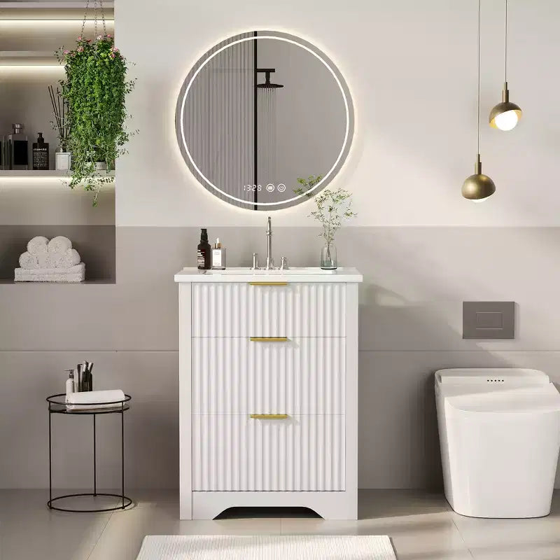 Meuble-lavabo de salle de bain moderne cannelé avec lavabo en céramique intégré, armoire de rangement autoportante avec 3 tiroirs pour salle de bain contemporaine.