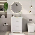 Meuble-lavabo de salle de bain moderne cannelé avec lavabo en céramique intégré, armoire de rangement autoportante avec 3 tiroirs pour salle de bain contemporaine.