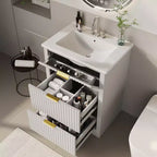 Meuble-lavabo de salle de bain moderne cannelé avec lavabo en céramique intégré, armoire de rangement autoportante avec 3 tiroirs pour salle de bain contemporaine.