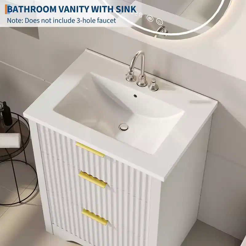 Meuble-lavabo de salle de bain moderne cannelé avec lavabo en céramique intégré, armoire de rangement autoportante avec 3 tiroirs pour salle de bain contemporaine.