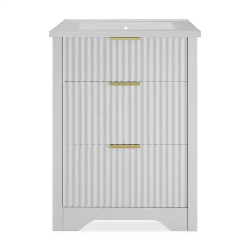 Meuble-lavabo de salle de bain moderne cannelé avec lavabo en céramique intégré, armoire de rangement autoportante avec 3 tiroirs pour salle de bain contemporaine.