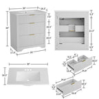 Meuble-lavabo de salle de bain moderne cannelé avec lavabo en céramique intégré, armoire de rangement autoportante avec 3 tiroirs pour salle de bain contemporaine.
