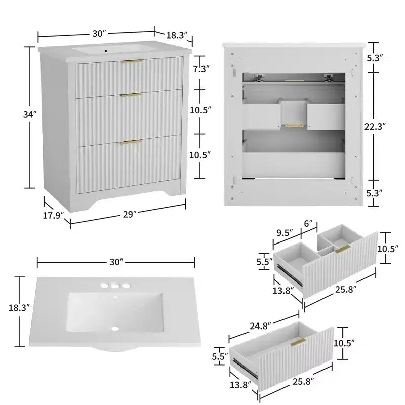 Meuble-lavabo de salle de bain moderne cannelé avec lavabo en céramique intégré, armoire de rangement autoportante avec 3 tiroirs pour salle de bain contemporaine.