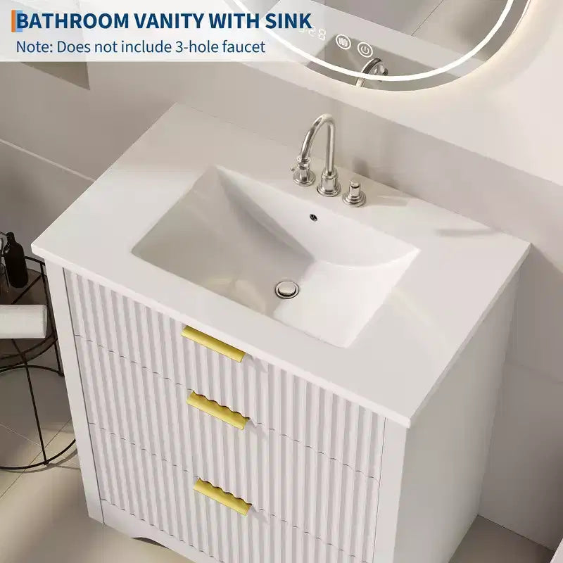 Meuble-lavabo de salle de bain moderne cannelé avec lavabo en céramique intégré, armoire de rangement autoportante avec 3 tiroirs pour salle de bain contemporaine.