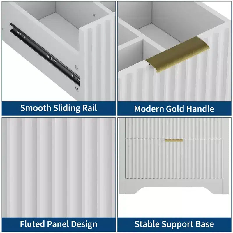 Meuble-lavabo de salle de bain moderne cannelé avec lavabo en céramique intégré, armoire de rangement autoportante avec 3 tiroirs pour salle de bain contemporaine.