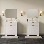 Meuble-lavabo de salle de bain moderne cannelé avec lavabo en céramique intégré, armoire de rangement autoportante avec 3 tiroirs pour salle de bain contemporaine.