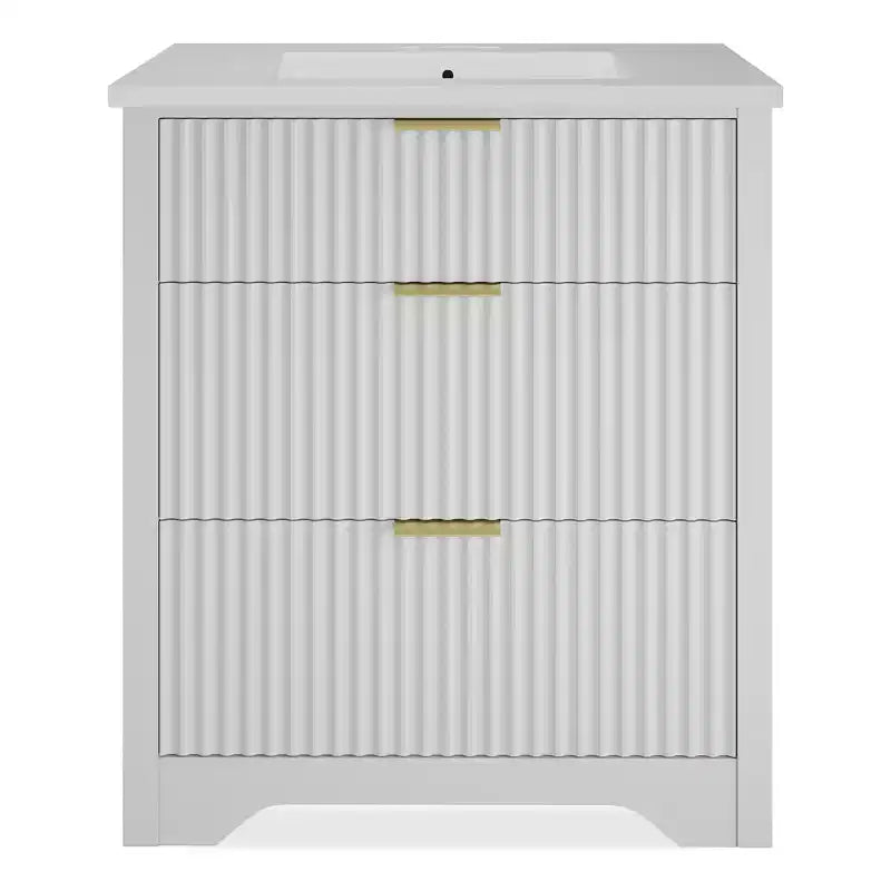 Meuble-lavabo de salle de bain moderne cannelé avec lavabo en céramique intégré, armoire de rangement autoportante avec 3 tiroirs pour salle de bain contemporaine.