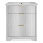 Meuble-lavabo de salle de bain moderne cannelé avec lavabo en céramique intégré, armoire de rangement autoportante avec 3 tiroirs pour salle de bain contemporaine.