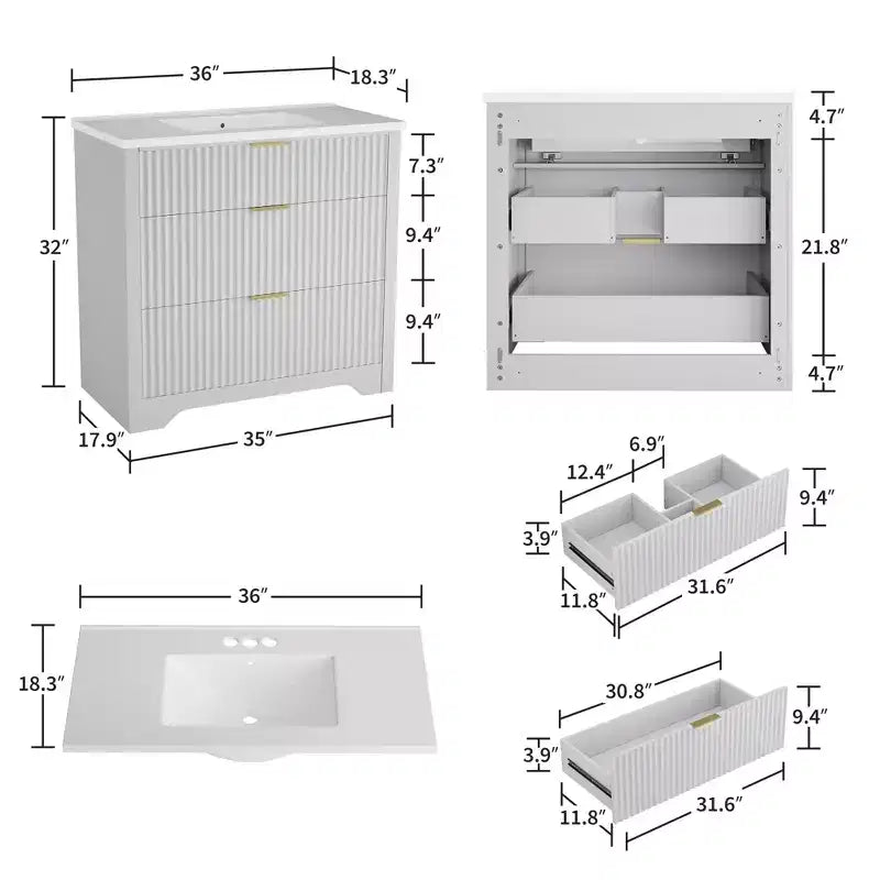 Meuble-lavabo de salle de bain moderne cannelé avec lavabo en céramique intégré, armoire de rangement autoportante avec 3 tiroirs pour salle de bain contemporaine.