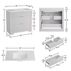 Meuble-lavabo de salle de bain moderne cannelé avec lavabo en céramique intégré, armoire de rangement autoportante avec 3 tiroirs pour salle de bain contemporaine.