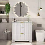 Meuble-lavabo de salle de bain moderne cannelé avec lavabo en céramique intégré, armoire de rangement autoportante avec 3 tiroirs pour salle de bain contemporaine.